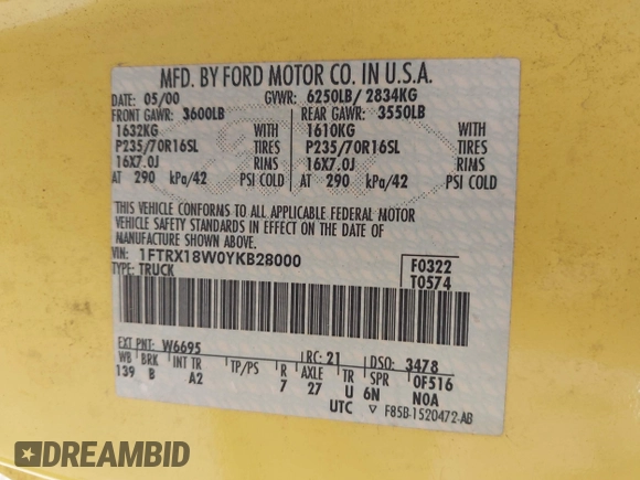 2000 Ford F-150 XL with VIN 1FTRX18W0YKB28000, listed as a IAAI auction lot 42451649 with 193,718 mi miles and . Bid and sale history available at DreamBid. Image 9.
