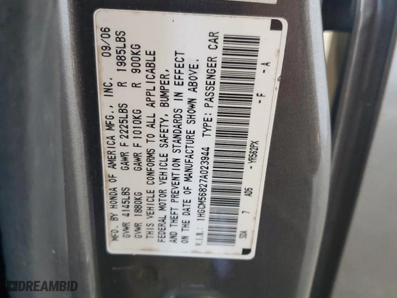 2007 Honda Accord Sdn EX-L with VIN 1HGCM56827A023944, listed as a Copart auction lot 41968175 with 189,774 mi miles and Salvage Title. Bid and sale history available at carsss.com. Image 12.