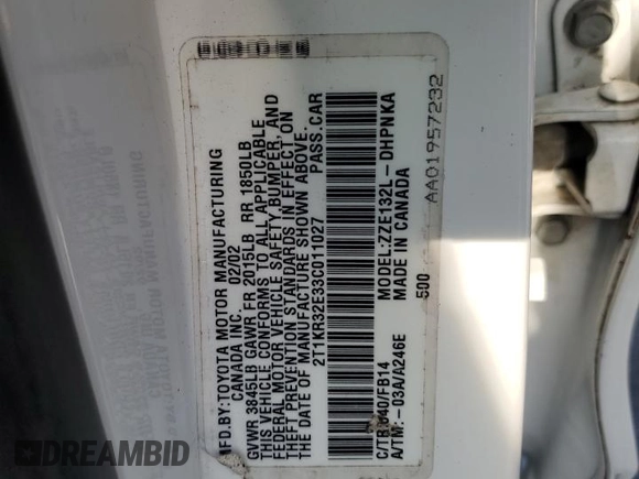 2003 Toyota Matrix Std with VIN 2T1KR32E33C011027, listed as a Copart auction lot 53861245 with 91,862 mi miles and Salvage Title. Bid and sale history available at DreamBid. Image 13.