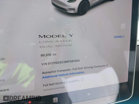 2021 Tesla Model Y Long Range with VIN 5YJYGDEE3MF081304, listed as a IAAI auction lot 41706240 with 90,510 mi miles and . Bid and sale history available at DreamBid. Image 15.