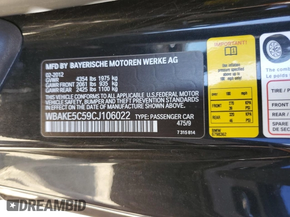 2012 BMW 3 Series 328i with VIN WBAKE5C59CJ106022, listed as a Copart auction lot 47005425 with 139,463 mi miles and Salvage Title. Bid and sale history available at carsss.com. Image 12.