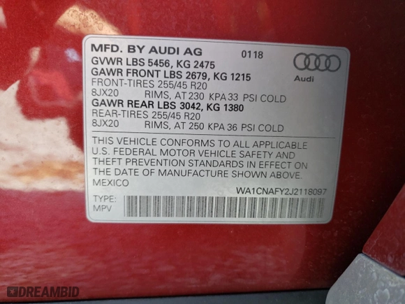 2018 Audi Q5 Prestige with VIN WA1CNAFY2J2118097, listed as a Copart auction lot 44230225 with 67,211 mi miles and Salvage Title. Bid and sale history available at carsss.com. Image 14.