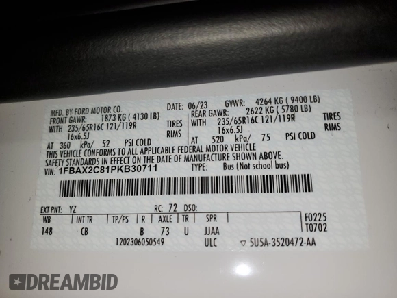2023 Ford Transit Passenger XL with VIN 1FBAX2C81PKB30711, listed as a Copart auction lot 77797054 with 18,161 mi miles and Clean Title. Bid and sale history available at DreamBid. Image 13.