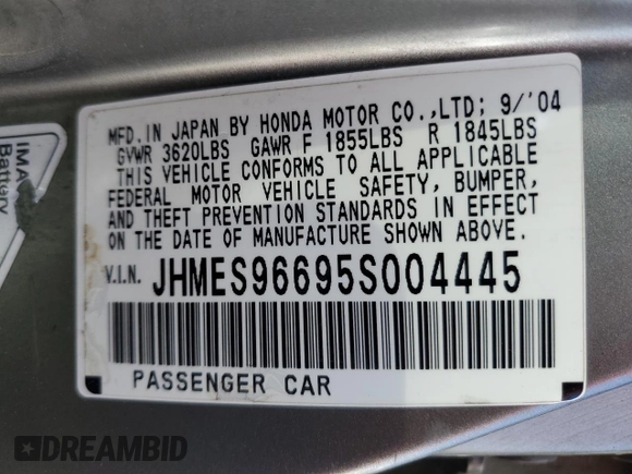 2005 Honda Civic with VIN JHMES96695S004445, listed as a Copart auction lot 53684835 with 164,623 mi miles and Salvage Title. Bid and sale history available at DreamBid. Image 12.