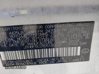 2013 Lexus IS 250 with VIN JTHBF5C29D5185531, listed as a IAAI auction lot 41922094 with 124,507 mi miles and . Bid and sale history available at DreamBid. Image 9.