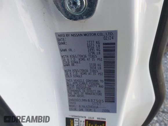 2024 Nissan Frontier S z VIN 1N6ED1CL9RN637505, wystawiony jako IAAI lot #41539688 z przebiegiem 15 924 mil mil oraz . Historia ofert i sprzedaży dostępna na DreamBid. Obrazek 9.