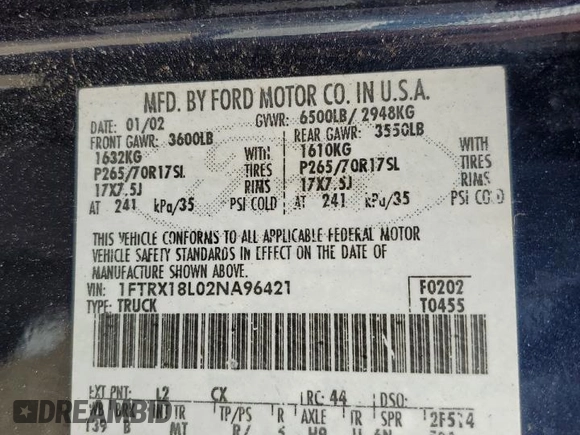 2002 Ford F-150 XL z VIN 1FTRX18L02NA96421, wystawiony jako Copart lot #64867095 z przebiegiem 135 401 mil mil oraz Czysty tytuł • Clean title. Historia ofert i sprzedaży dostępna na DreamBid. Obrazek 12.