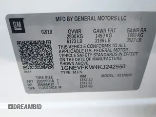 2019 Chevrolet Traverse LS with VIN 1GNEVFKW4KJ242550, listed as a IAAI auction lot 41150105 with 139,480 mi miles. Bid and sale history available at carsss.com. Image 9.