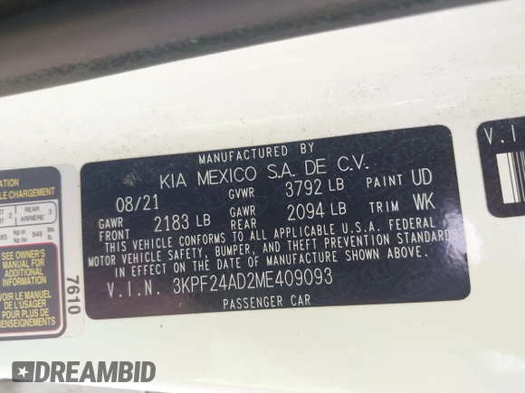 2021 Kia Forte LXS с VIN 3KPF24AD2ME409093, выставлен на аукционе IAAI как лот 42668655 с пробегом 39 905 миль миль и . История ставок и продаж доступна на DreamBid. Изображение 9.