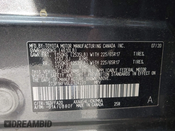 2020 Toyota RAV4 XLE with VIN 2T3P1RFV6LC124231, listed as a IAAI auction lot 41929008 with 49,592 mi miles. Bid and sale history available at carsss.com. Image 9.