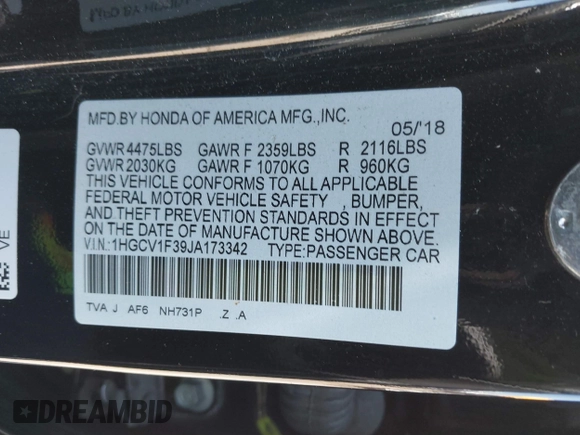 2018 Honda Accord Sedan Sport 1.5T with VIN 1HGCV1F39JA173342, listed as a IAAI auction lot 41857705 with 106,698 mi miles. Bid and sale history available at carsss.com. Image 9.