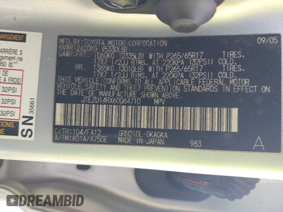 2006 Toyota 4Runner SR5 with VIN JTEZU14RX60064710, listed as a IAAI auction lot 42102738 with 252,216 mi miles and . Bid and sale history available at DreamBid. Image 9.
