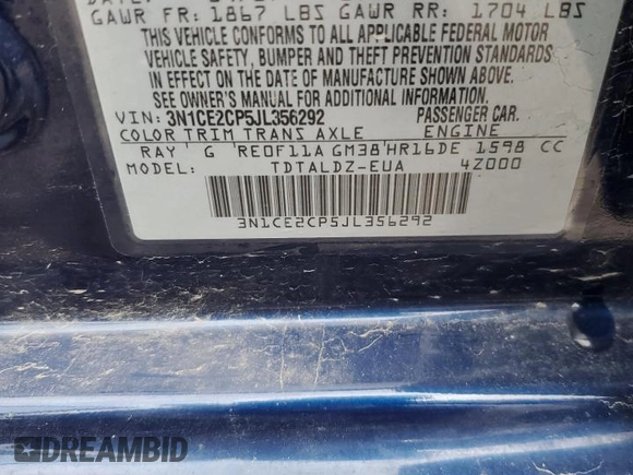 2018 Nissan Note SV with VIN 3N1CE2CP5JL356292, listed as a Copart auction lot 55849905 with 105,227 mi miles and Salvage title. Bid and sale history available at DreamBid. Image 12.