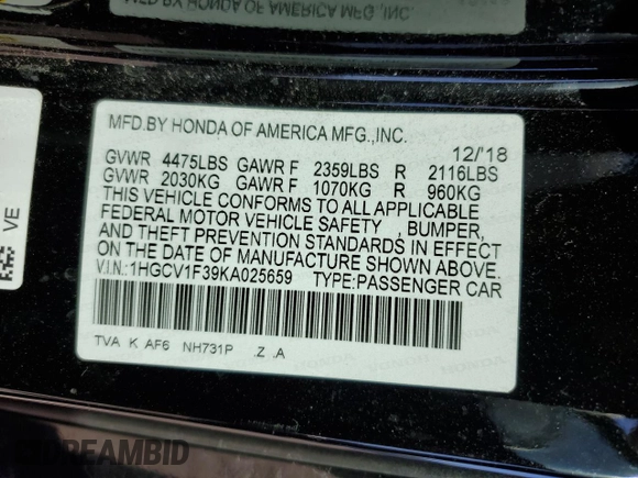 2019 Honda Accord Sedan Sport 1.5T with VIN 1HGCV1F39KA025659, listed as a Copart auction lot 88070025 with 82,708 mi miles and Salvage Title. Bid and sale history available at carsss.com. Image 13.