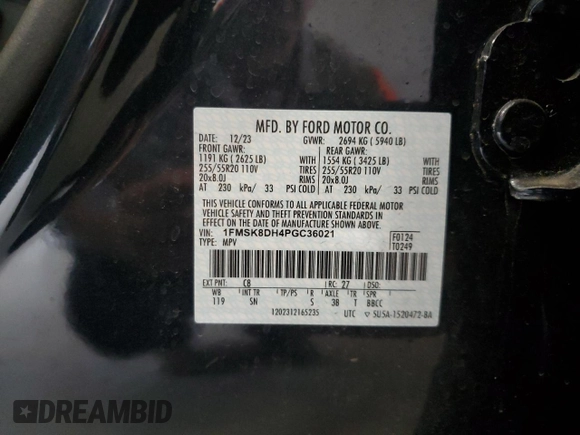 2023 Ford Explorer XLT with VIN 1FMSK8DH4PGC36021, listed as a Copart auction lot 58583865 with 30,308 mi miles and Salvage title. Bid and sale history available at DreamBid. Image 13.