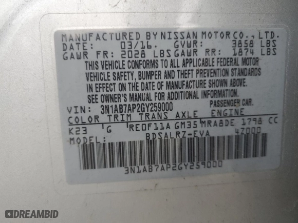 2016 Nissan Sentra SV with VIN 3N1AB7AP2GY259000, listed as a Copart auction lot 46468995 with NaN miles and Salvage Title. Bid and sale history available at carsss.com. Image 12.
