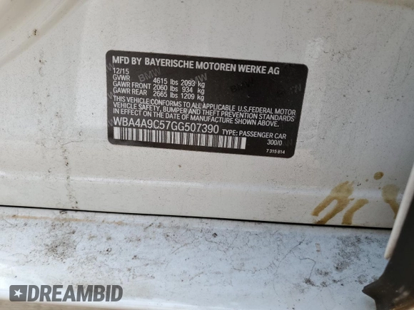 2016 BMW 4 Series 428i with VIN WBA4A9C57GG507390, listed as a Copart auction lot 48722915 with Not Provided miles and Salvage Title. Bid and sale history available at DreamBid. Image 14.