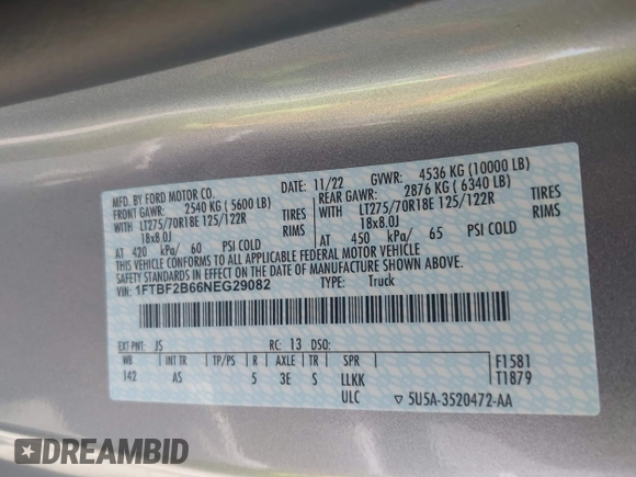 2022 Ford F-250 XL with VIN 1FTBF2B66NEG29082, listed as a IAAI auction lot 42167195 with 22,751 mi miles and . Bid and sale history available at DreamBid. Image 9.