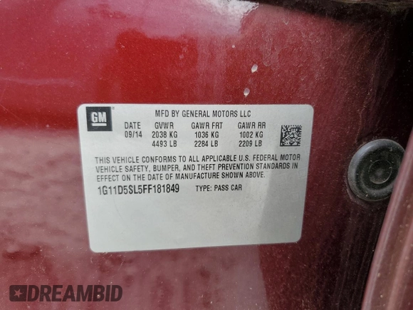 2015 Chevrolet Malibu LT with VIN 1G11D5SL5FF181849, listed as a Copart auction lot 53835765 with Not Provided miles and Clean Title. Bid and sale history available at DreamBid. Image 12.
