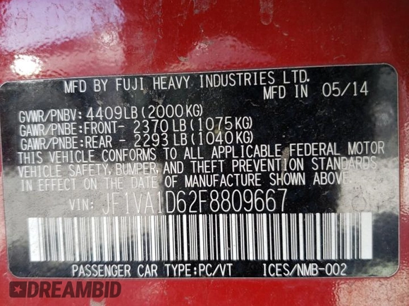2015 Subaru WRX Premium with VIN JF1VA1D62F8809667, listed as a Copart auction lot 45428105 with 107,793 mi miles and Salvage Title. Bid and sale history available at carsss.com. Image 16.
