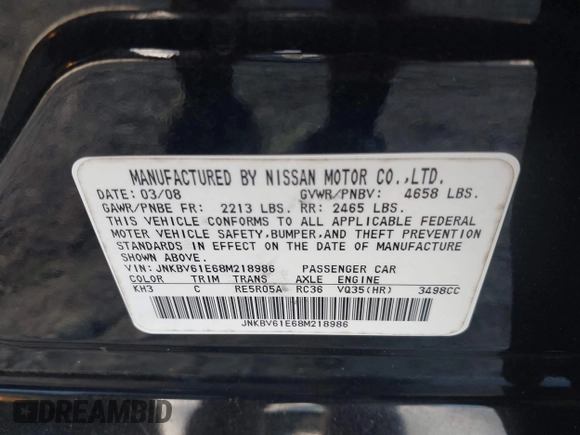 2008 Infiniti G35 Journey with VIN JNKBV61E68M218986, listed as a IAAI auction lot 42207390 with 207,526 mi miles and . Bid and sale history available at DreamBid. Image 9.