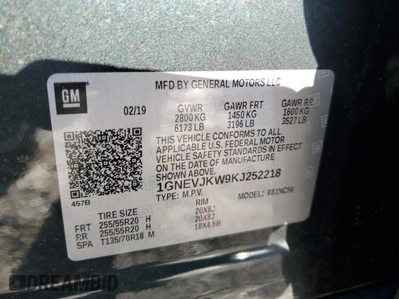 2019 Chevrolet Traverse RS with VIN 1GNEVJKW9KJ252218, listed as a Copart auction lot 41497125 with 56,342 mi miles and Salvage Title. Bid and sale history available at carsss.com. Image 13.