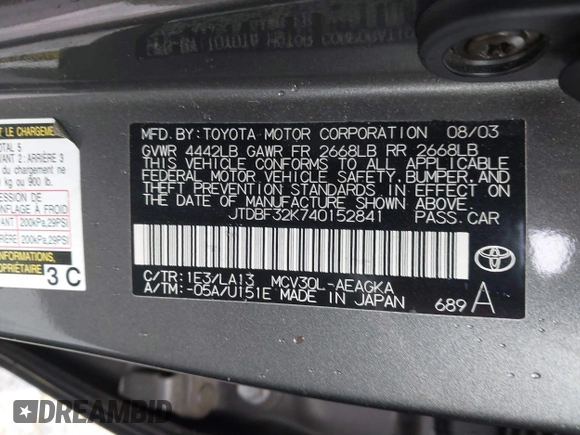 2004 Toyota Camry LE with VIN JTDBF32K740152841, listed as a IAAI auction lot 41808909 with 142,611 mi miles. Bid and sale history available at carsss.com. Image 9.