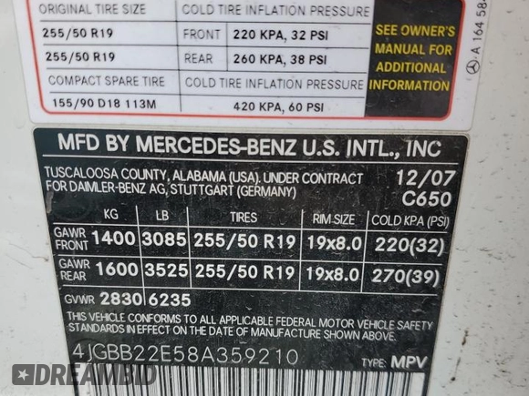 2008 Mercedes-Benz M 320 CDI with VIN 4JGBB22E58A359210, listed as a Copart auction lot 52036565 with 186,968 mi miles and Salvage Title. Bid and sale history available at carsss.com. Image 13.