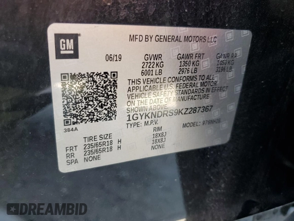 2019 Cadillac XT5 Luxury AWD with VIN 1GYKNDRS9KZ287367, listed as a Copart auction lot 59782755 with 44,407 mi miles and Salvage title. Bid and sale history available at DreamBid. Image 13.
