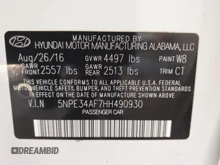 2017 Hyundai Sonata Sport with VIN 5NPE34AF7HH490930, listed as a IAAI auction lot 41383528 with 129,862 mi miles. Bid and sale history available at carsss.com. Image 9.