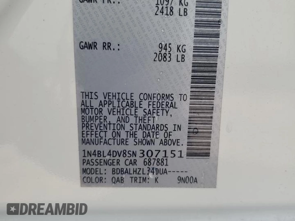 2025 Nissan Altima SV z VIN 1N4BL4DV8SN307151, wystawiony jako Copart lot #58511425 z przebiegiem 12 096 mil mil oraz Nie do naprawy • Non repairable. Historia ofert i sprzedaży dostępna na DreamBid. Obrazek 13.