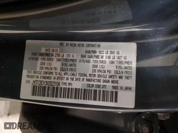 2022 Mazda CX-9 Grand Touring with VIN JM3TCBDY0N0623164, listed as a Copart auction lot 42521425 with 0 mi miles and Salvage Title. Bid and sale history available at carsss.com. Image 13.