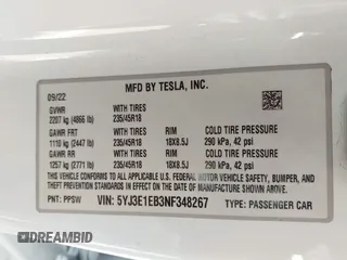 2022 Tesla Model 3 Long Range z VIN 5YJ3E1EB3NF348267, wystawiony jako IAAI lot #42323616 z przebiegiem Nie podano mil oraz . Historia ofert i sprzedaży dostępna na DreamBid. Obrazek 9.