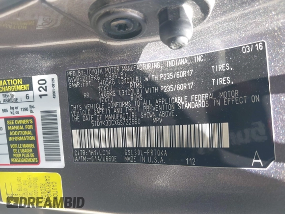 2016 Toyota Sienna XLE with VIN 5TDYK3DCXGS722960, listed as a IAAI auction lot 42153794 with 147,331 mi miles. Bid and sale history available at carsss.com. Image 9.
