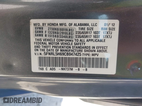 2012 Honda Odyssey EX-L with VIN 5FNRL5H69CB047425, listed as a IAAI auction lot 42064979 with 242,409 mi miles and . Bid and sale history available at carsss.com. Image 9.