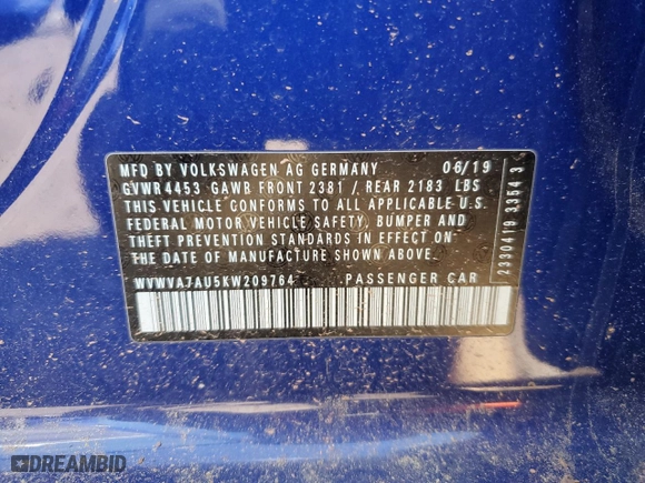 2019 Volkswagen Golf R with VIN WVWVA7AU5KW209764, listed as a Copart auction lot 48469115 with 0 mi miles and Salvage Title. Bid and sale history available at carsss.com. Image 12.