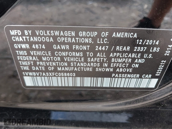 2015 Volkswagen Passat SE z VIN 1VWBV7A3XFC058603, wystawiony jako IAAI lot #42260010 z przebiegiem 94 857 mil mil oraz . Historia ofert i sprzedaży dostępna na DreamBid. Obrazek 9.