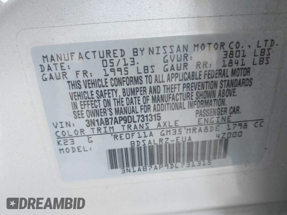 2013 Nissan Sentra S with VIN 3N1AB7AP9DL731315, listed as a IAAI auction lot 42033994 with 24,557 mi miles and . Bid and sale history available at DreamBid. Image 9.