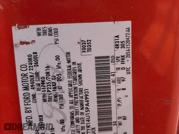 2005 Ford Ranger XL z VIN 1FTYR14U15PA49931, wystawiony jako Copart lot #55667595 z przebiegiem Nie podano mil oraz Szkoda całkowita • Salvage title. Historia ofert i sprzedaży dostępna na DreamBid. Obrazek 12.