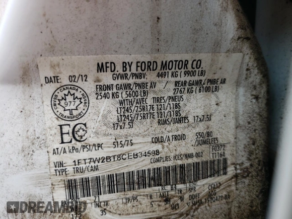 2012 Ford F-250 XL z VIN 1FT7W2BT8CEB34598, wystawiony jako Copart lot #55973615 z przebiegiem 222 947 mil mil oraz Szkoda całkowita • Salvage title. Historia ofert i sprzedaży dostępna na DreamBid. Obrazek 12.