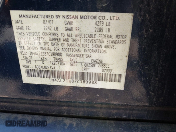 2007 Nissan Altima 2.5 with VIN 1N4AL21E87C180988, listed as a IAAI auction lot 41087817 with 999,999 mi miles. Bid and sale history available at carsss.com. Image 9.