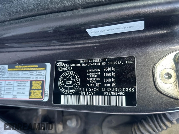 2018 Kia Optima LX with VIN 5XXGT4L32JG250388, listed as a Copart auction lot 54813925 with 236,450 mi miles and Clean Title. Bid and sale history available at carsss.com. Image 10.