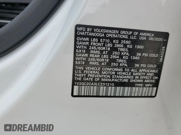 2020 Volkswagen Atlas S with VIN 1V2GC2CA3LC231210, listed as a Copart auction lot 85892664 with 57,480 mi miles and Salvage title. Bid and sale history available at DreamBid. Image 13.