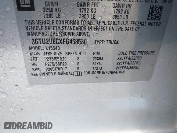 2015 GMC Sierra 1500 SLT with VIN 3GTU2VECXFG468530, listed as a IAAI auction lot 41715862 with 164,322 mi miles and . Bid and sale history available at DreamBid. Image 9.