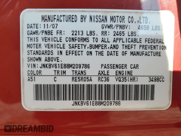 2008 Infiniti G35 with VIN JNKBV61E88M209786, listed as a Copart auction lot 72544744 with 196,370 mi miles and Salvage Title. Bid and sale history available at DreamBid. Image 13.