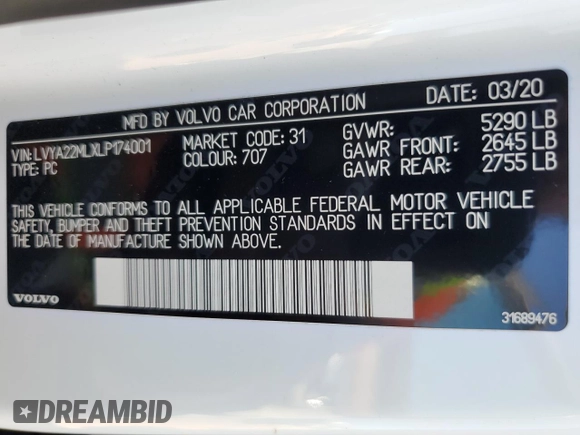 2020 Volvo S90 Inscription with VIN LVYA22MLXLP174001, listed as a Copart auction lot 84038564 with 33,215 mi miles and Clean Title. Bid and sale history available at carsss.com. Image 12.