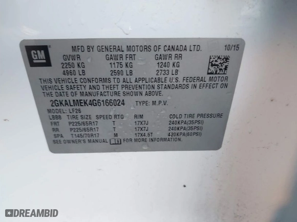 2016 GMC Terrain SLE with VIN 2GKALMEK4G6166024, listed as a IAAI auction lot 41041437 with 88,732 mi miles. Bid and sale history available at carsss.com. Image 9.