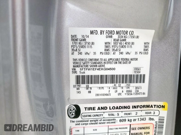 2014 Ford F-150 XL with VIN 1FTFW1EF4EKG04500, listed as a Copart auction lot 63834985 with 145,771 mi miles and Salvage title. Bid and sale history available at DreamBid. Image 12.