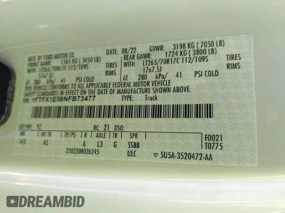 2022 Ford F-150 XL with VIN 1FTFX1E58NFB73477, listed as a IAAI auction lot 42313280 with 18,935 mi miles and . Bid and sale history available at DreamBid. Image 9.