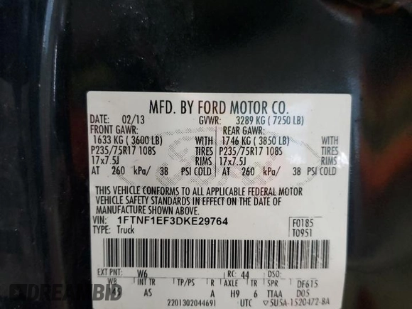 2013 Ford F-150 XL with VIN 1FTNF1EF3DKE29764, listed as a Copart auction lot 44132955 with 130,704 mi miles and Salvage title. Bid and sale history available at DreamBid. Image 12.